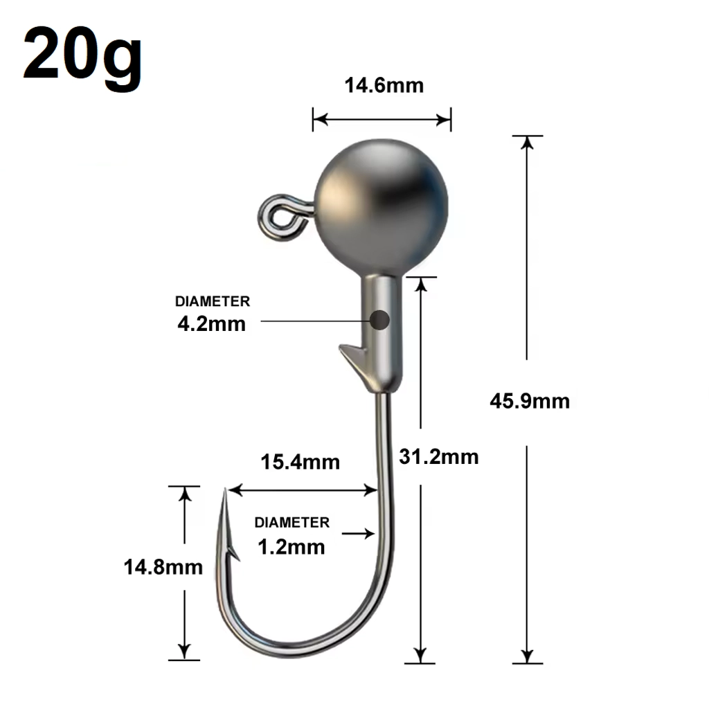 Size diagram for a 20g jig head showing head diameter, total length, hook gap and wire diameter