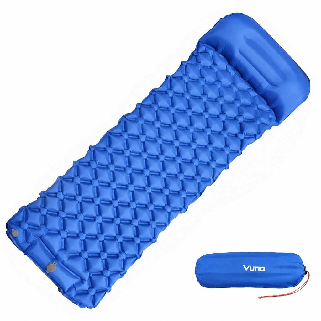 5cm Ultralight Camping Mattress Blue Inflatable Sleeping Mat with Built-In Pillow 190 x 60 cm 690g