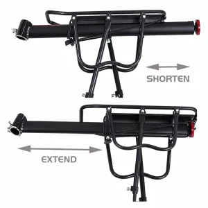 Adjustable pannier rack shown in shortened and extended positions