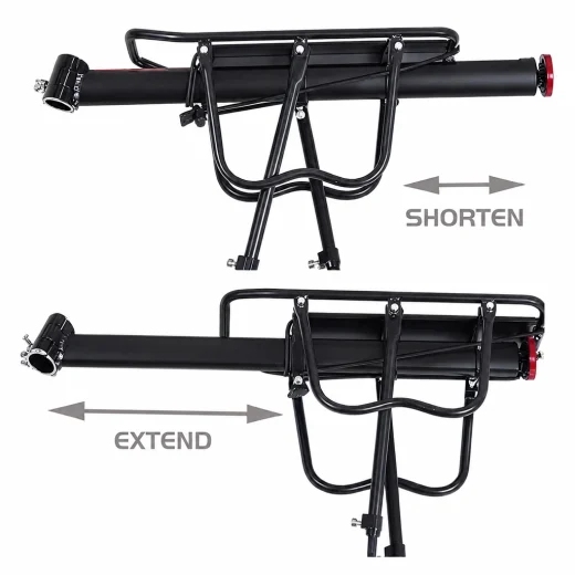 Adjustable pannier rack shown in shortened and extended positions