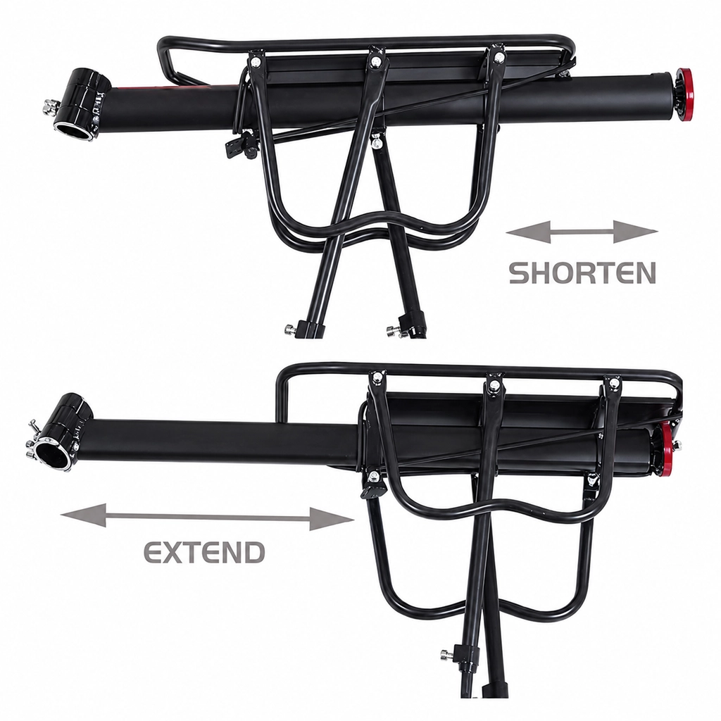 Adjustable pannier rack shown in shortened and extended positions