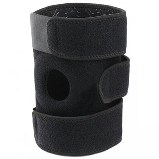 Black adjustable open patella knee brace shown rolled upright with side strap detail