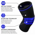 Black and blue Gel Knee Brace showing anti-slip design, 3D knitting technology, and compression support features