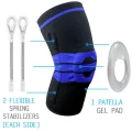 Black and blue Gel Knee Brace with diagram highlighting the two flexible spring stabilizers and patella gel pad