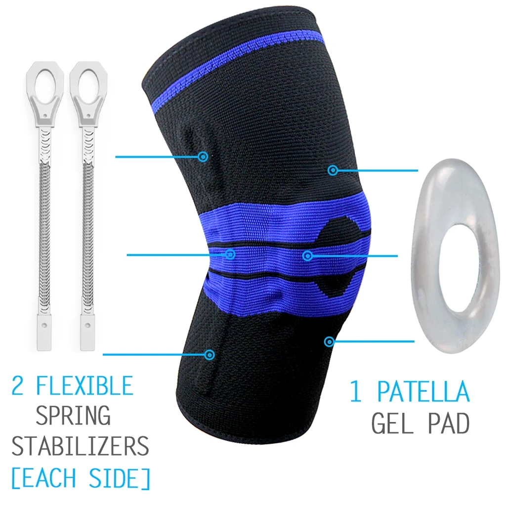Black and blue Gel Knee Brace with diagram highlighting the two flexible spring stabilizers and patella gel pad