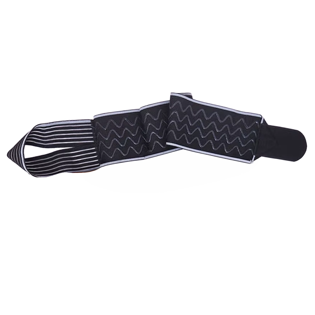 Black and grey ankle strap shown flat with Velcro end and textured grip sections
