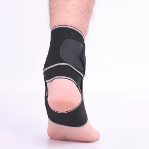 Black and grey ankle strap worn around the ankle with the heel exposed