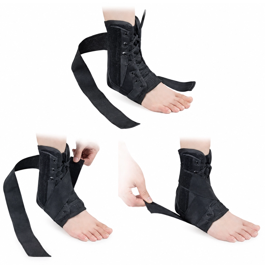 Black ankle strap support shown being wrapped around the foot and ankle