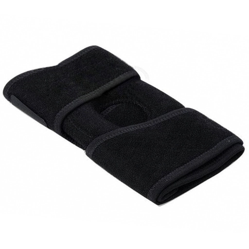 Black knee support brace laid flat showing the wraparound shape and Velcro strap areas