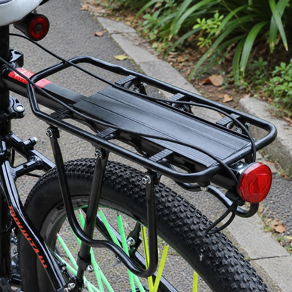 Black pannier rack installed over a rear bike wheel with a red reflector fitted at the back