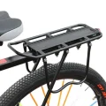 Black pannier rack mounted above a rear bicycle wheel with side guardrail support