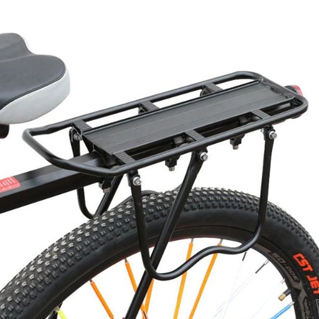 Black pannier rack mounted above a rear bicycle wheel with side guardrail support