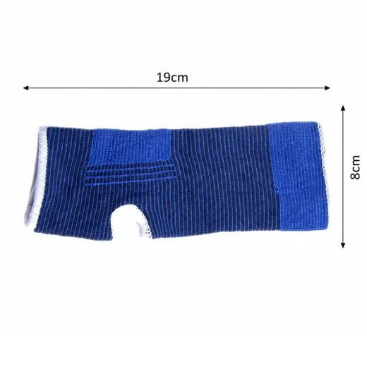 Blue ankle brace compression sleeve shown flat with 19cm length and 8cm width measurements