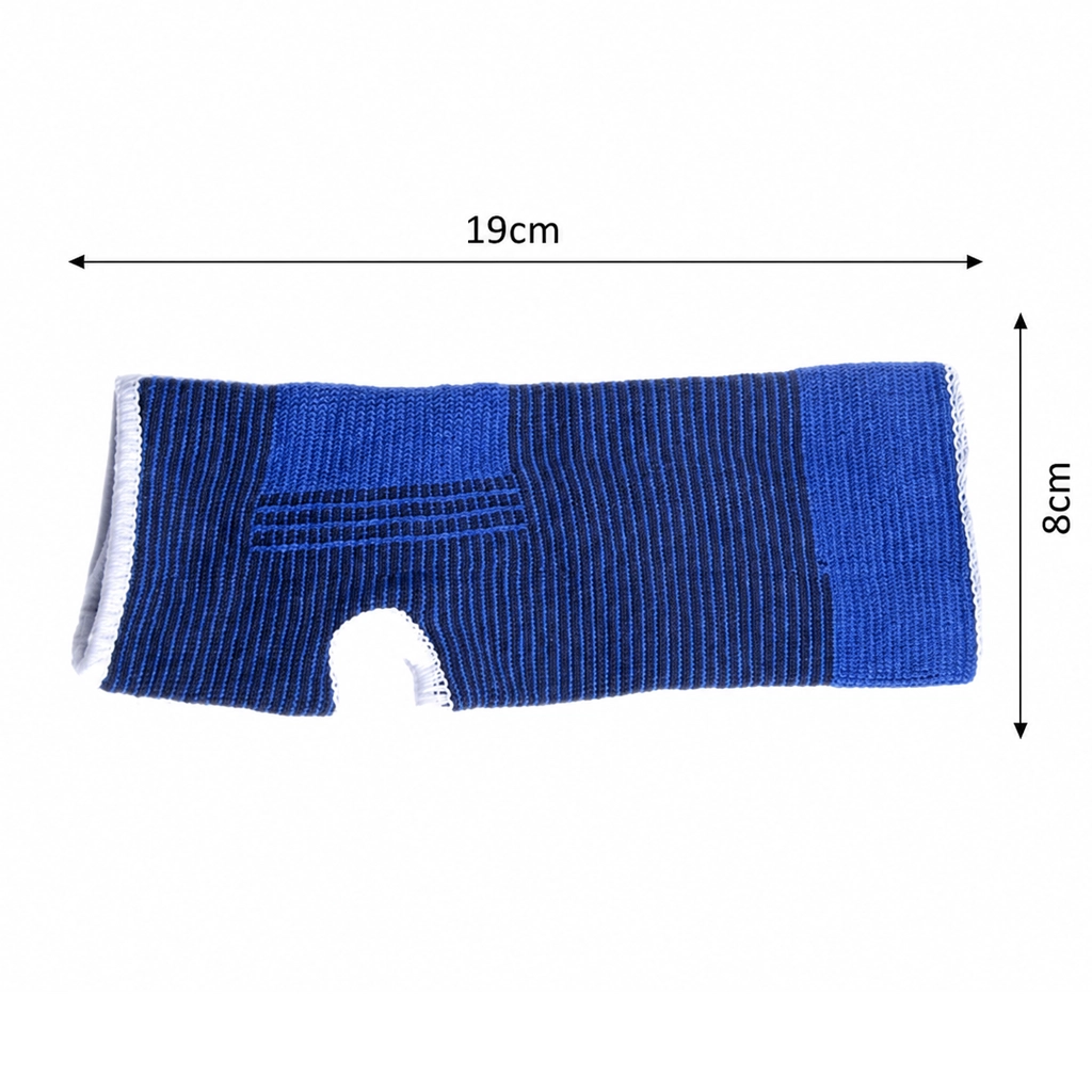Blue ankle brace compression sleeve shown flat with 19cm length and 8cm width measurements