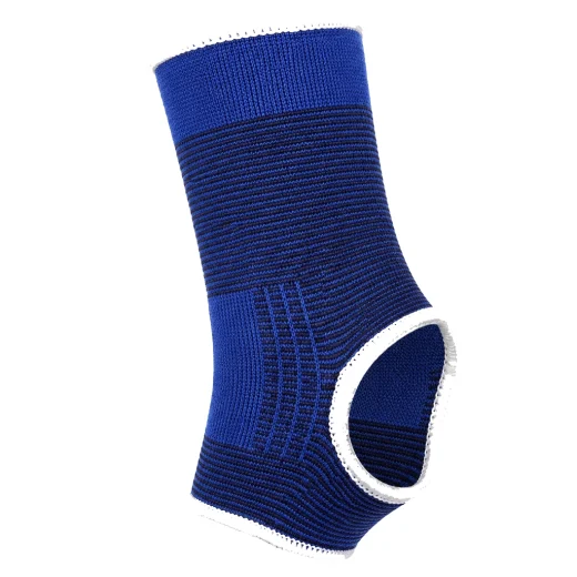 Blue ankle brace compression sleeve shown flat with black ribbed support sections and heel opening