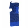 Blue ankle brace compression sleeve with open heel shape, black compression panels, and white edging.