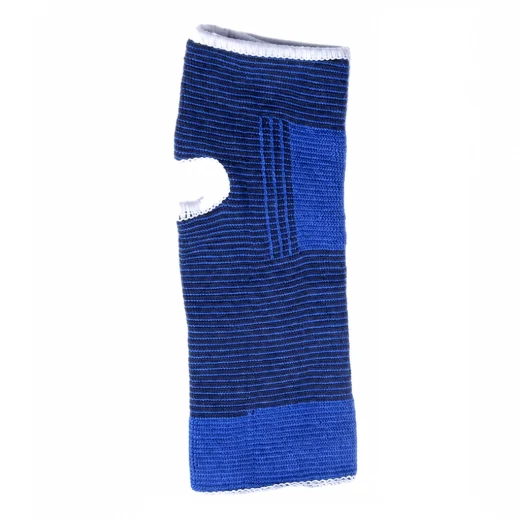 Blue ankle brace compression sleeve with open heel shape, black compression panels, and white edging.