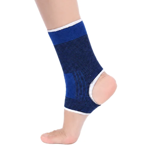Blue ankle brace compression sleeve worn around the ankle with the heel exposed