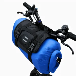 Blue bicycle handlebar bag mounted to front handlebars with black sleeve and straps