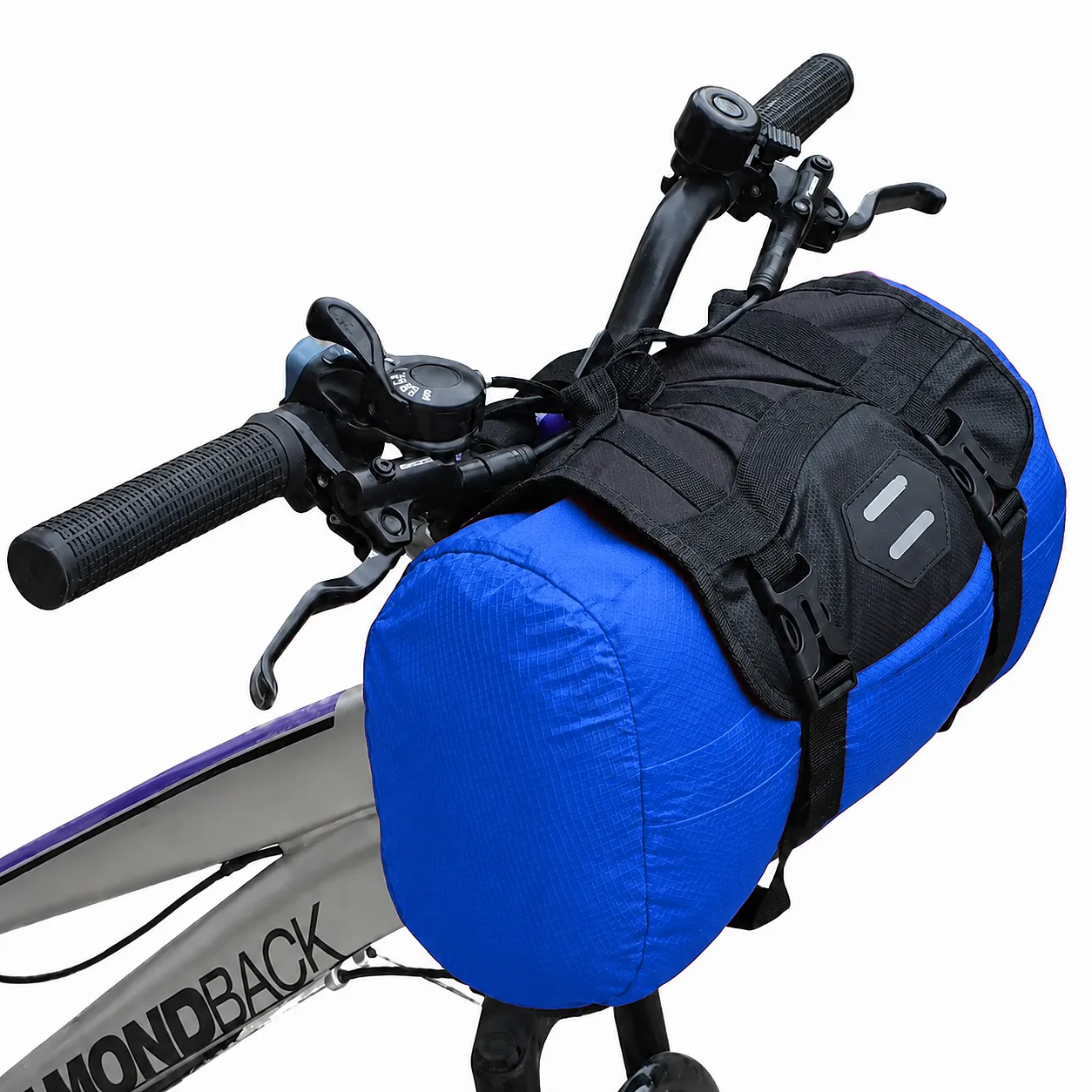 Blue roll top bicycle handlebar bag fitted in a black handlebar sleeve on a bike