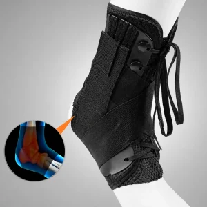 Close-up of black ankle strap brace with aluminium side strips and wraparound Velcro strap