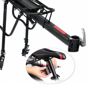 Close up of pannier rack seat tube clamp and mounting point near the bike saddle