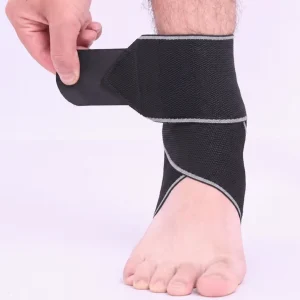 Close-up of the ankle strap being tightened around the ankle with the Velcro end