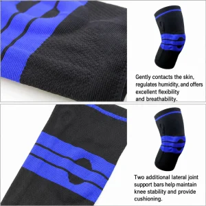 Close-up product detail image showing the black and blue knitted fabric, breathability, and lateral support bar features