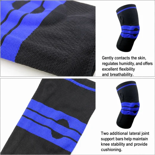 Close-up product detail image showing the black and blue knitted fabric, breathability, and lateral support bar features
