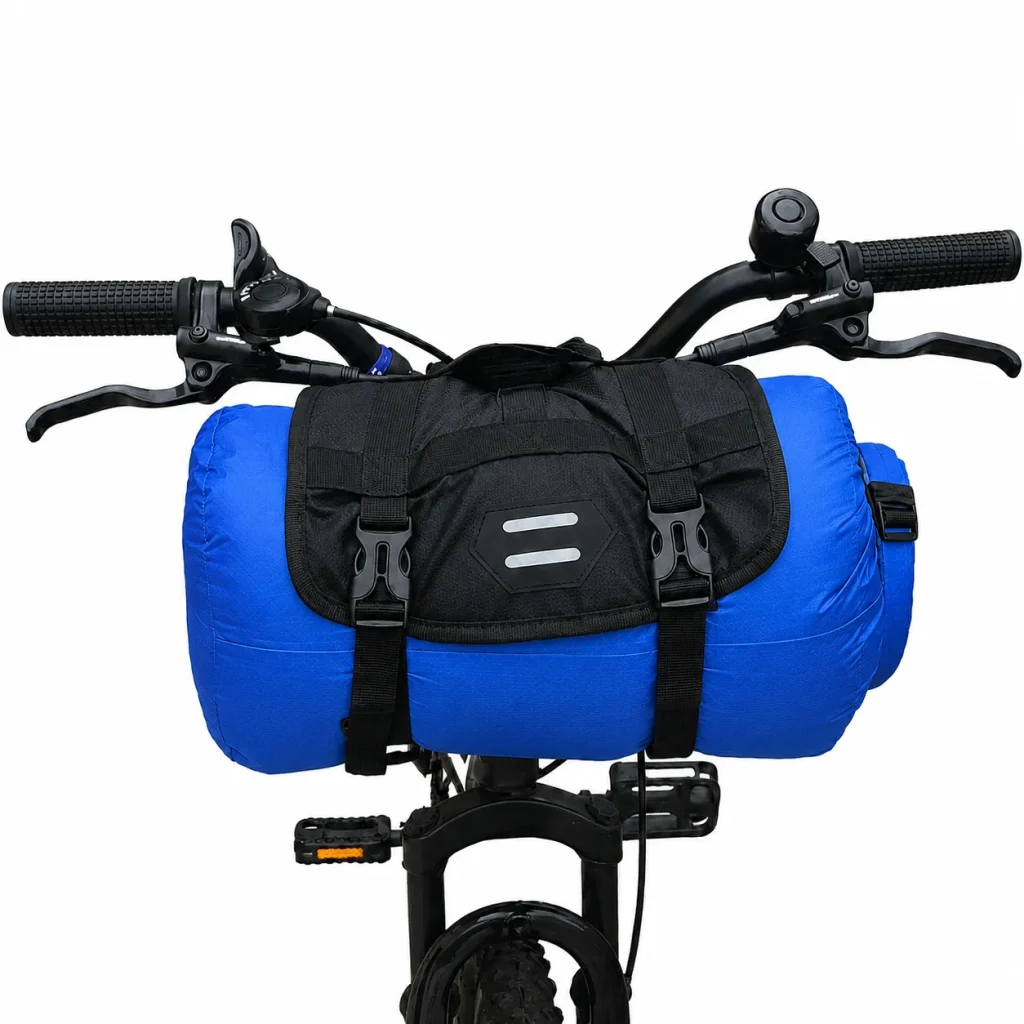 Front view of blue bicycle handlebar bag secured across bike handlebars with black mounting harness