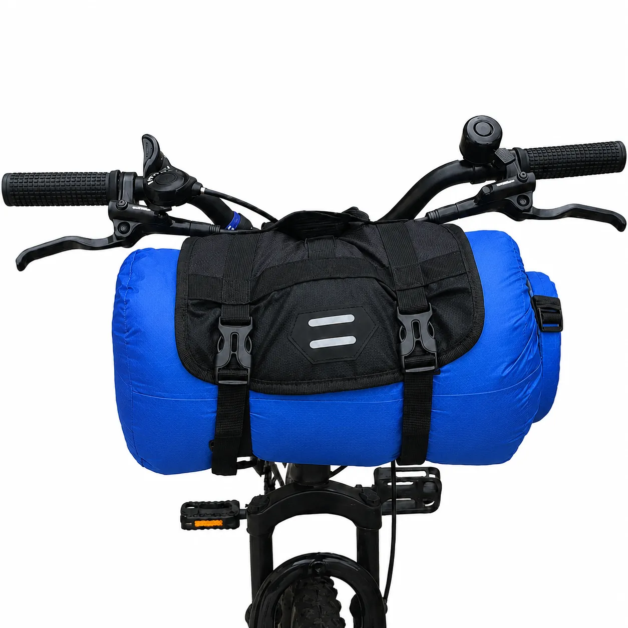 Front view of blue bicycle handlebar bag secured across bike handlebars with black mounting harness