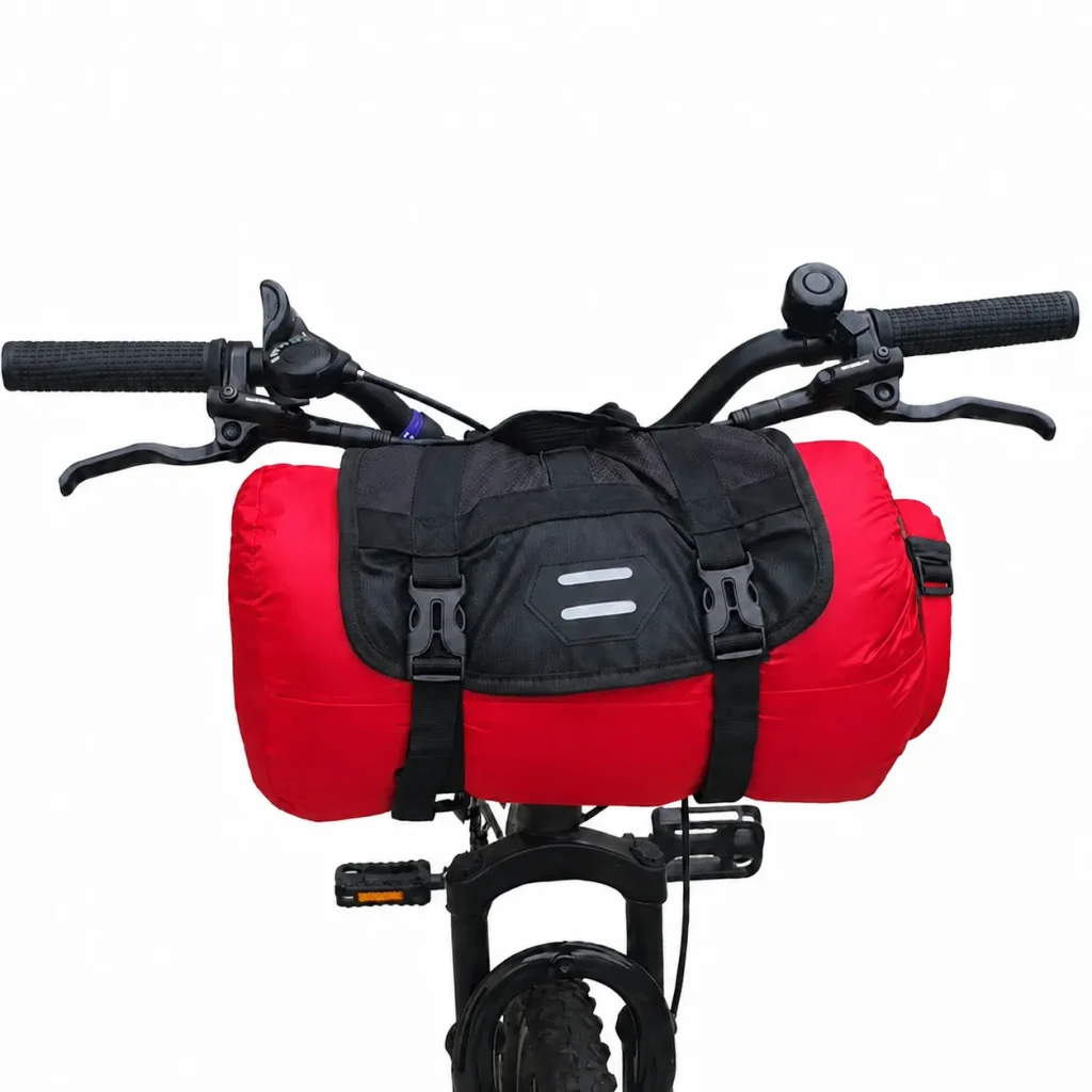 Front view of red bicycle handlebar bag with black mounting harness