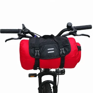 Front view of red bicycle handlebar bag with black mounting harness