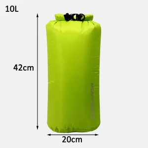 Green bike handlebar bag 10L dry bag size guide showing 42cm by 20cm dimensions