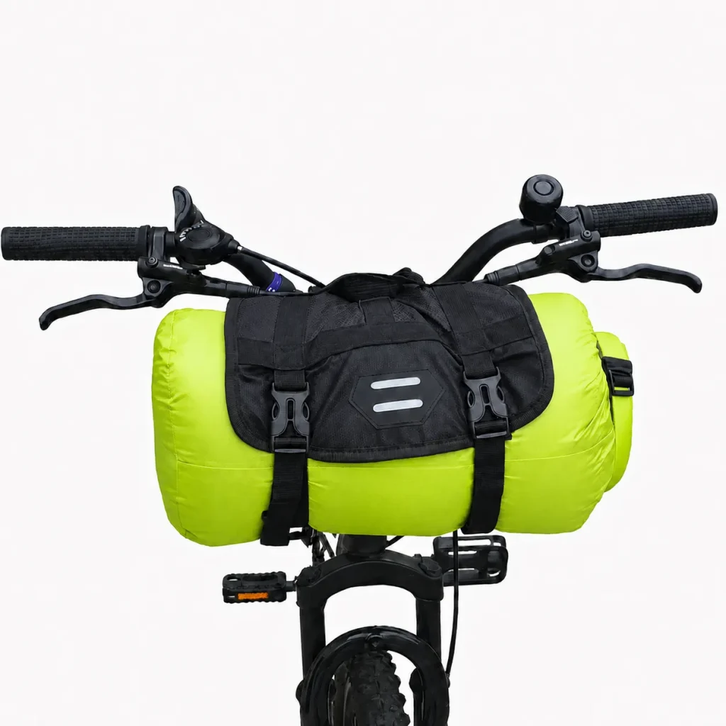 Green bike handlebar bag fitted across front handlebars on mountain bike