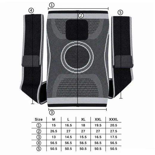 Knee sleeve measurement chart showing size points and large size dimensions