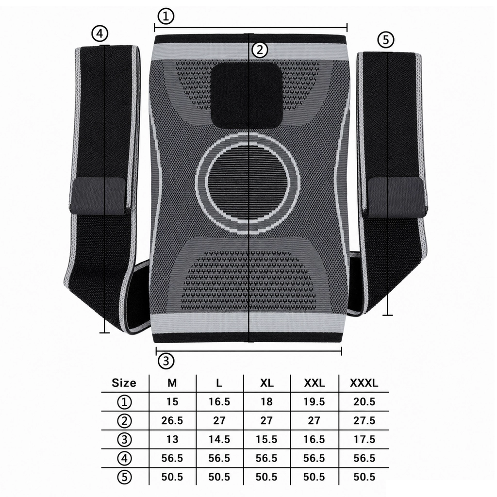 Knee sleeve measurement chart showing size points and large size dimensions