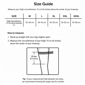 Knee sleeve size guide showing thigh circumference measurement 15cm above the kneecap