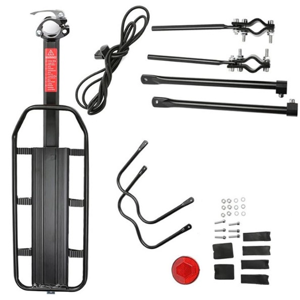 Pannier rack package contents showing rack body, guardrails, support bars, reflector, rope, gaskets, and screws