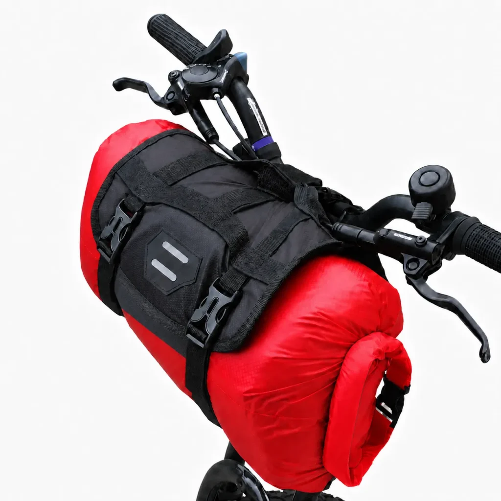 Red 10L bikepacking handlebar dry bag with roll top closure