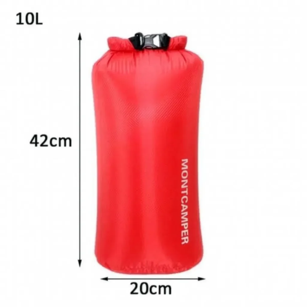 Red 10L dry bag size guide showing 42cm by 20cm dimensions