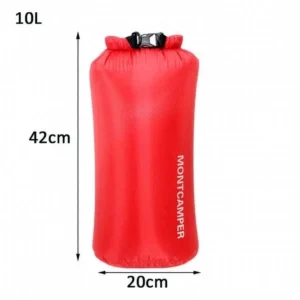 Red 10L dry bag size guide showing 42cm by 20cm dimensions
