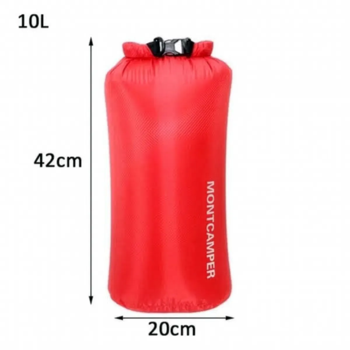 Red 10L dry bag size guide showing 42cm by 20cm dimensions