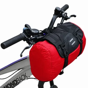 Red handlebar bag 10L mounted on mountain bike front bars