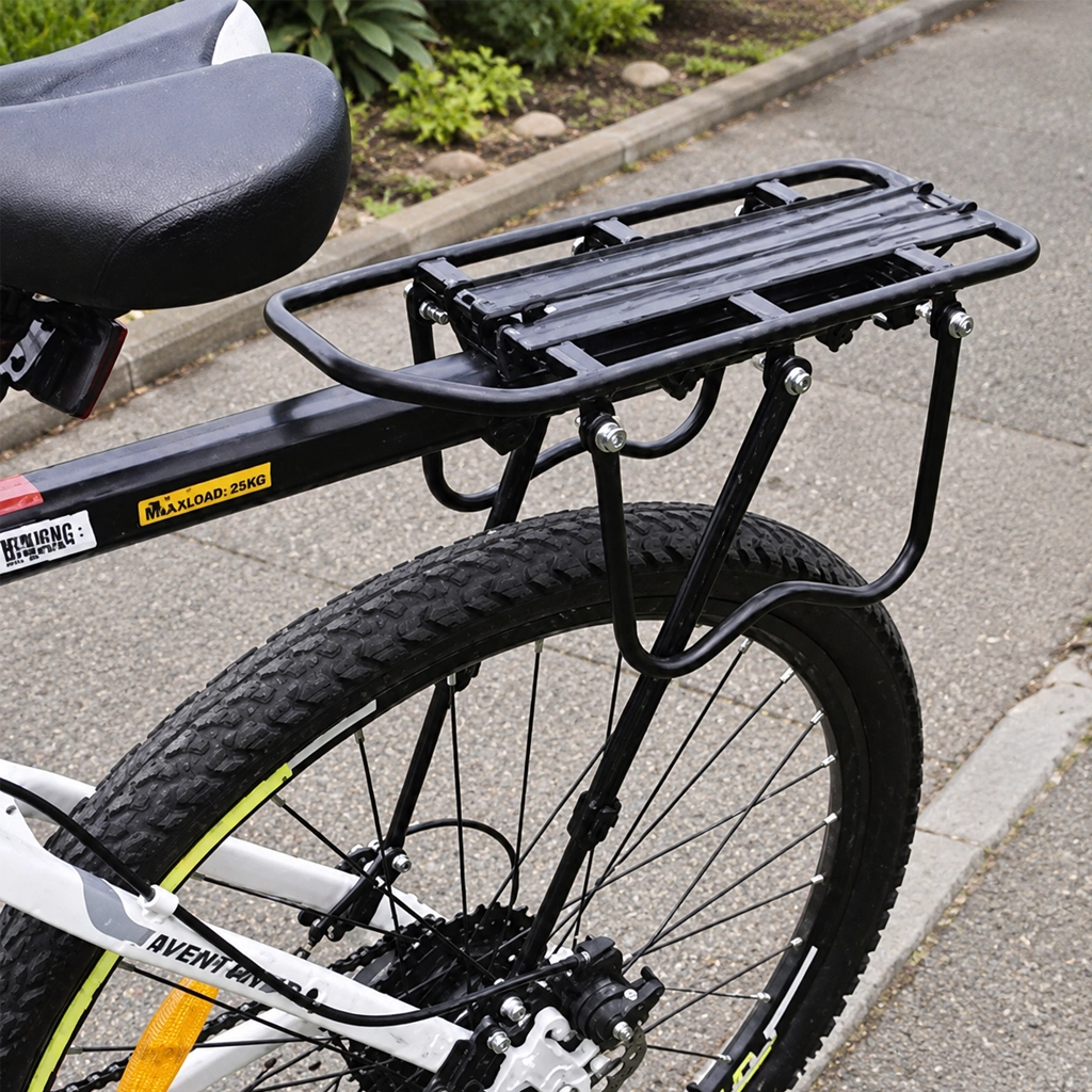 Side view of a black pannier rack fitted to a bike seat tube and rear wheel area