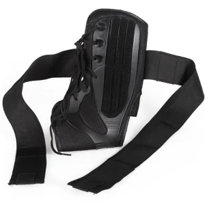 Side view of black ankle strap support brace with long adjustable straps and lace fastening