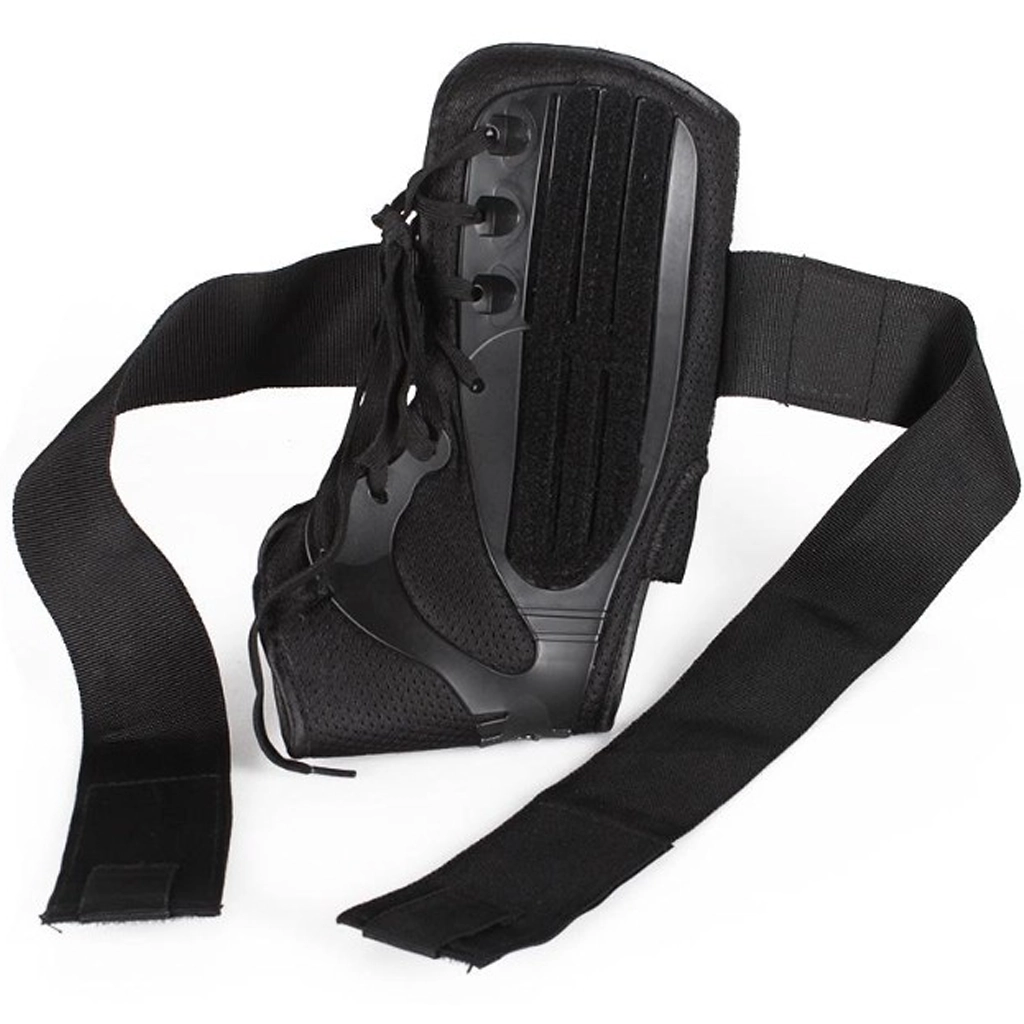 Side view of black ankle strap support brace with long adjustable straps and lace fastening