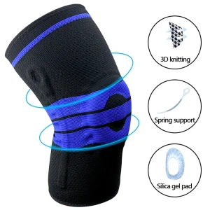 Side view of the black and blue Gel Knee Brace with icons showing 3D knitting, spring support, and silica gel pad