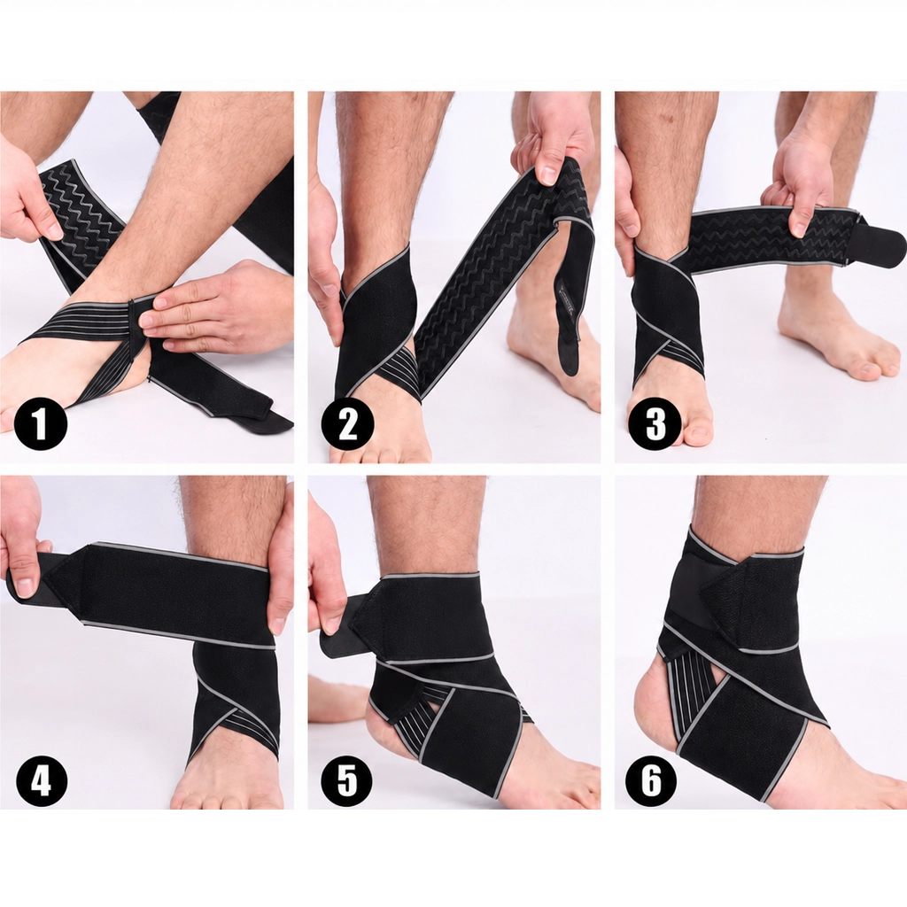Six-step fitting guide showing how to wrap and fasten the ankle strap around the foot and ankle