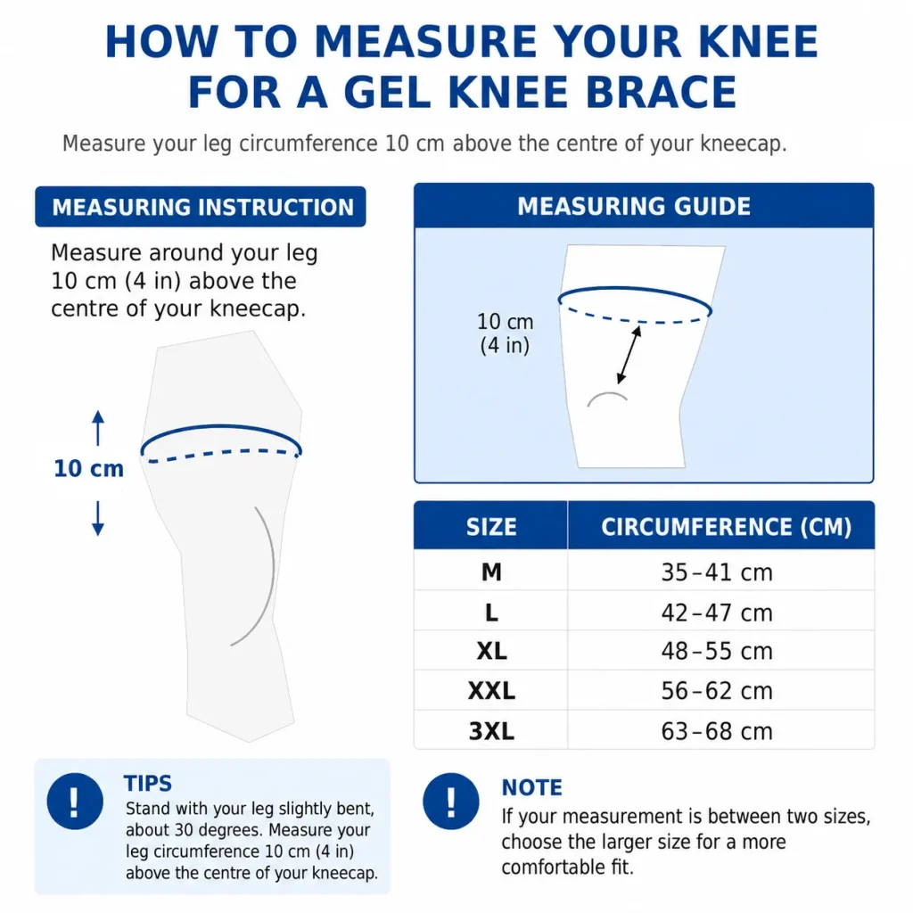 Size guide for Gel Knee Brace showing how to measure above and below the kneecap size chart